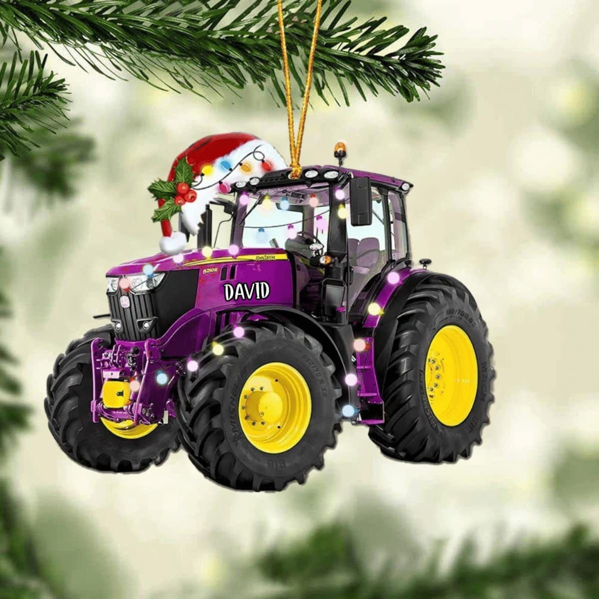 Farmer Tractor With Christmas Light Personalized Car Ornament