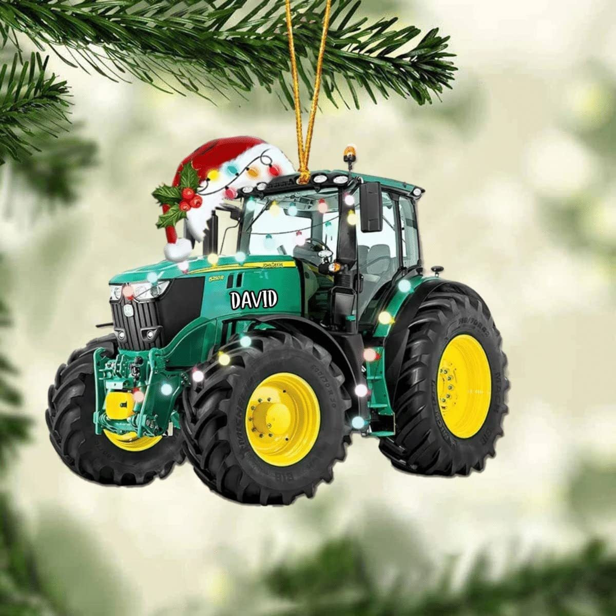 Farmer Tractor With Christmas Light Personalized Car Ornament
