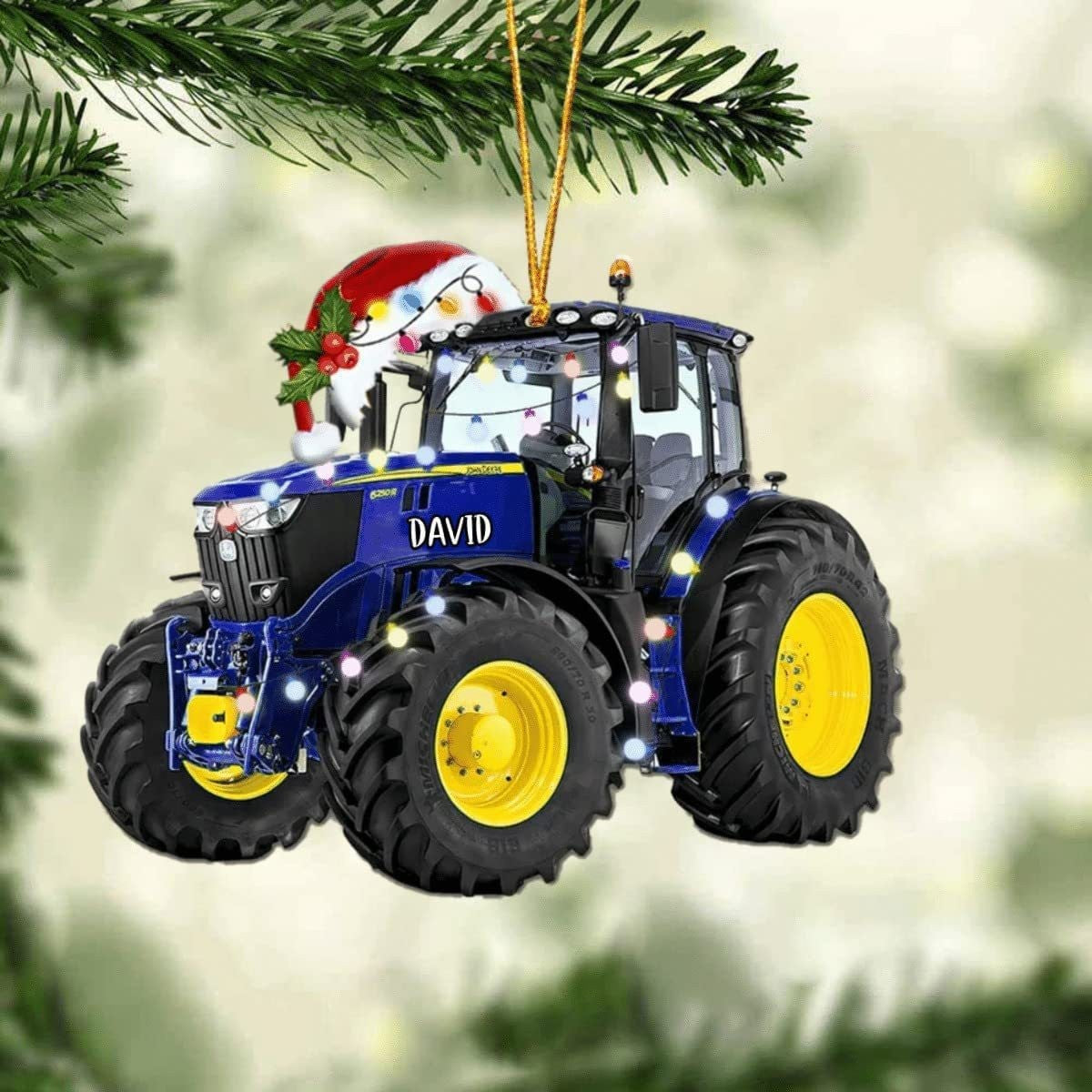 Farmer Tractor With Christmas Light Personalized Car Ornament