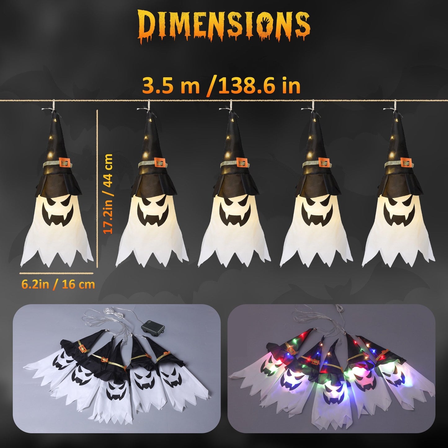 Halloween Decorations Outdoor - 5 PCS Hanging Halloween Lighted Glowing Ghost Witch Hat With LED String Lights