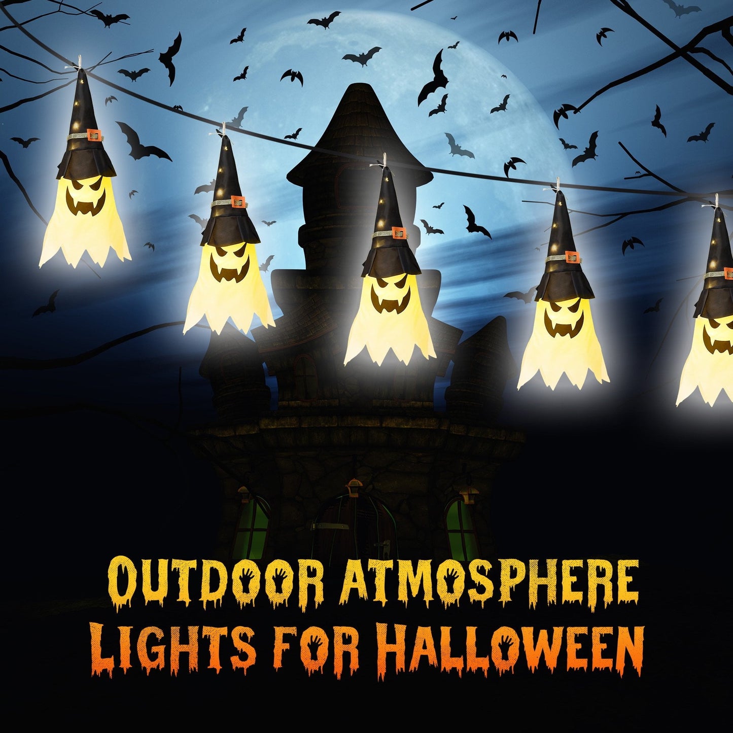 Halloween Decorations Outdoor - 5 PCS Hanging Halloween Lighted Glowing Ghost Witch Hat With LED String Lights