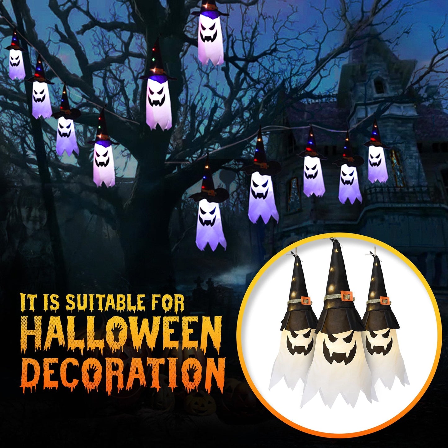 Halloween Decorations Outdoor - 5 PCS Hanging Halloween Lighted Glowing Ghost Witch Hat With LED String Lights