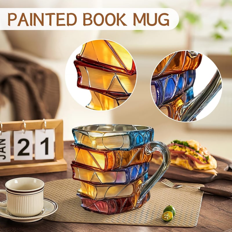 📚 3D Painted Book Mug – Unique Glass Coffee Cup for Readers & Book Lovers🍵