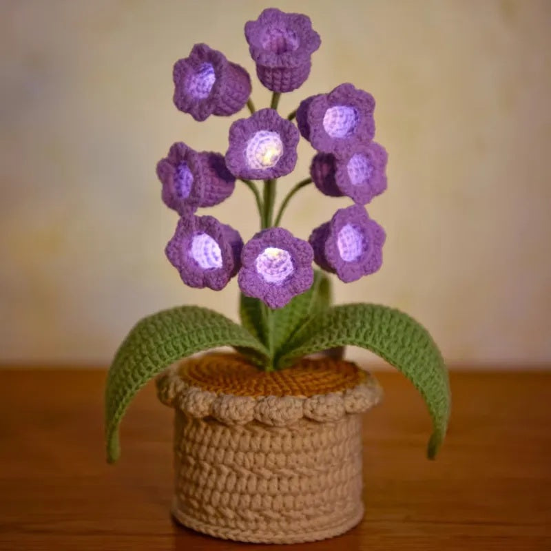 LED Light Crocheted Lily Of The Valley - Glowing Potted Knit Flower Home Ambiance Decor