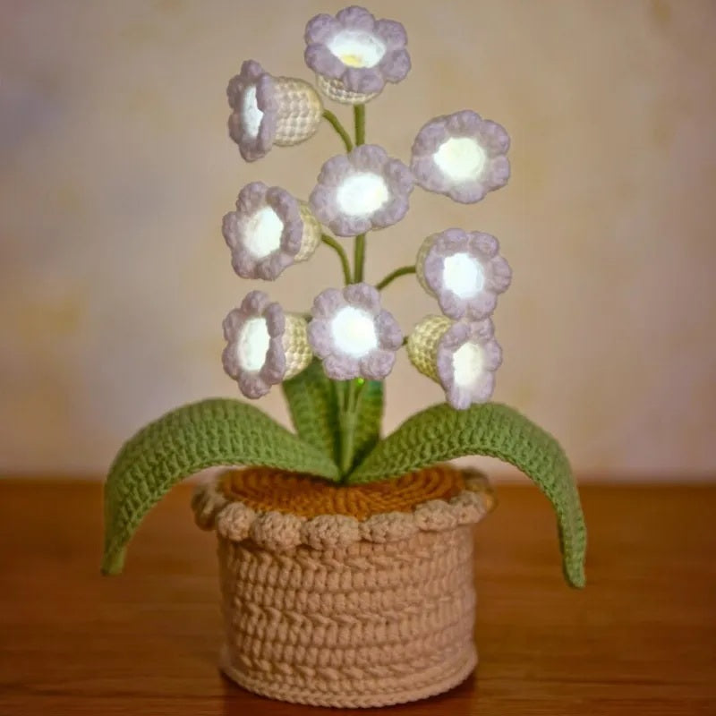 LED Light Crocheted Lily Of The Valley - Glowing Potted Knit Flower Home Ambiance Decor