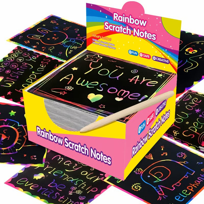 🎨🌈Rainbow Paper Colorful Reflective Paper Mini Notes Artistic Drawing Set(✨100 Pcs & 2Pcs Wooden Styluses)