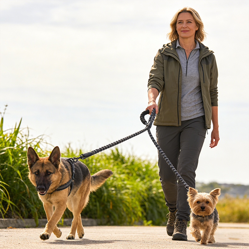 Heavy Duty Dog Leash with Shock Absorbing Bungee for Walking 2 Dogs (25-150 lbs)