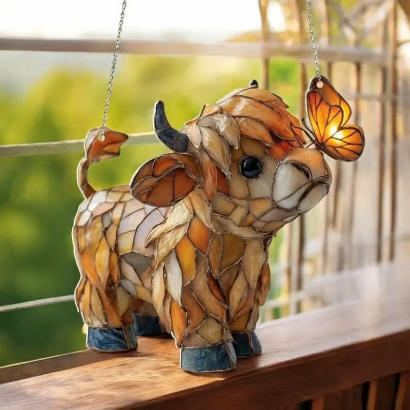 🌈Highland Cow Butterfly Suncatcher | Stained Glass Style Window Hanging