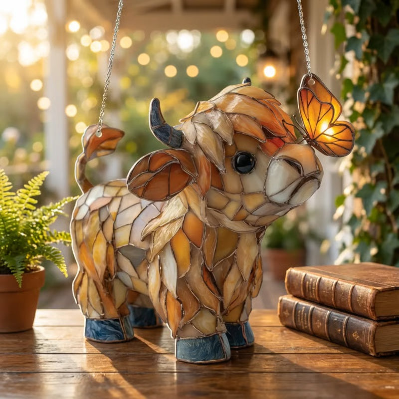 🌈Highland Cow Butterfly Suncatcher | Stained Glass Style Window Hanging